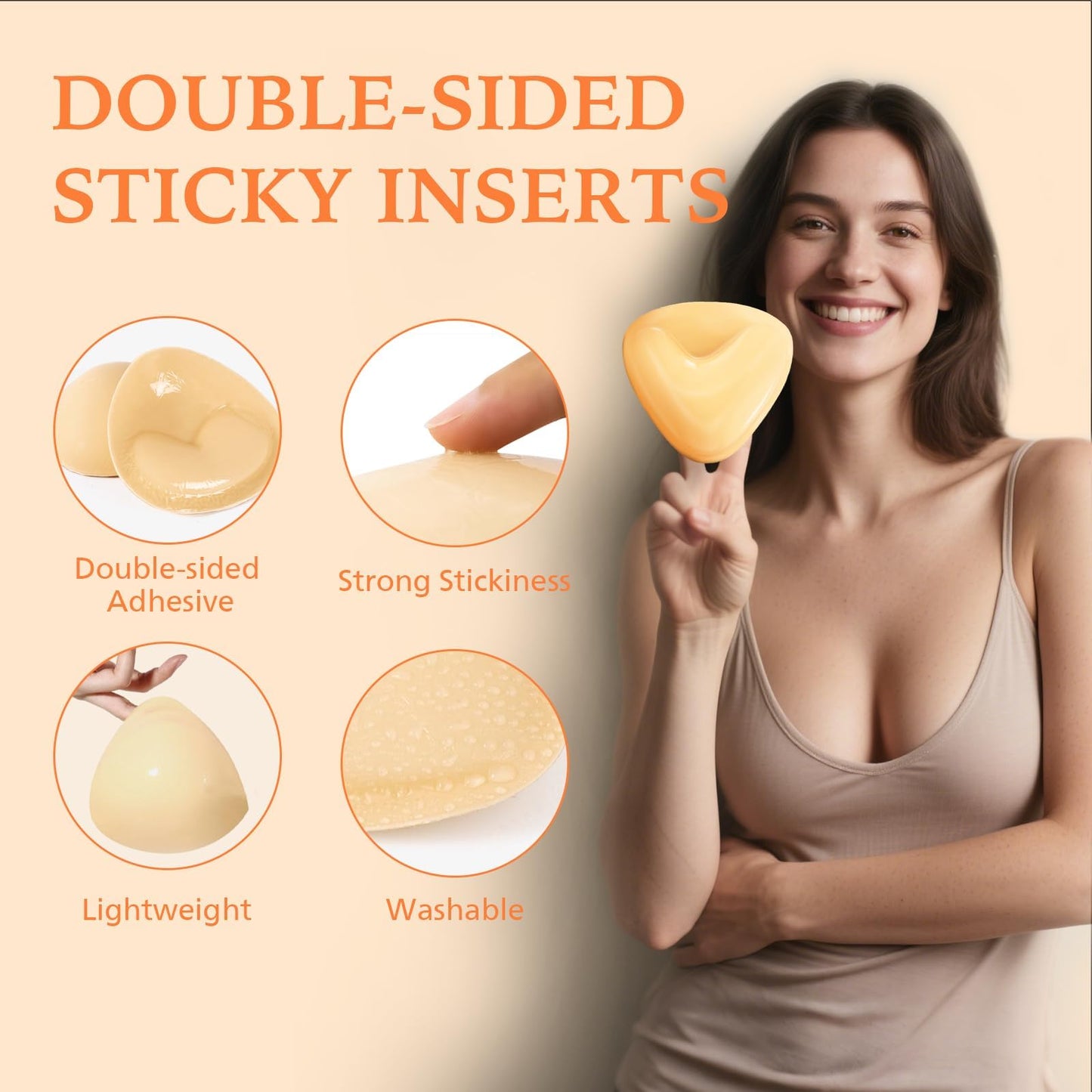 the snowy. bodee Sticky Bra Inserts for Women Reusable Stick Bra Double Sided Strapless Bras Waterproof Adhesive Bra Pads Push Up for C Cup Beige