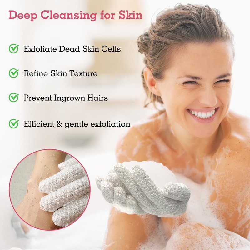 Evridwear Exfoliating Glove Shower Gloves Exfoliate Dead Skin for Dry Sensitive Skin No Irritation with Hanging Loop (White Gentle Exfoliation)