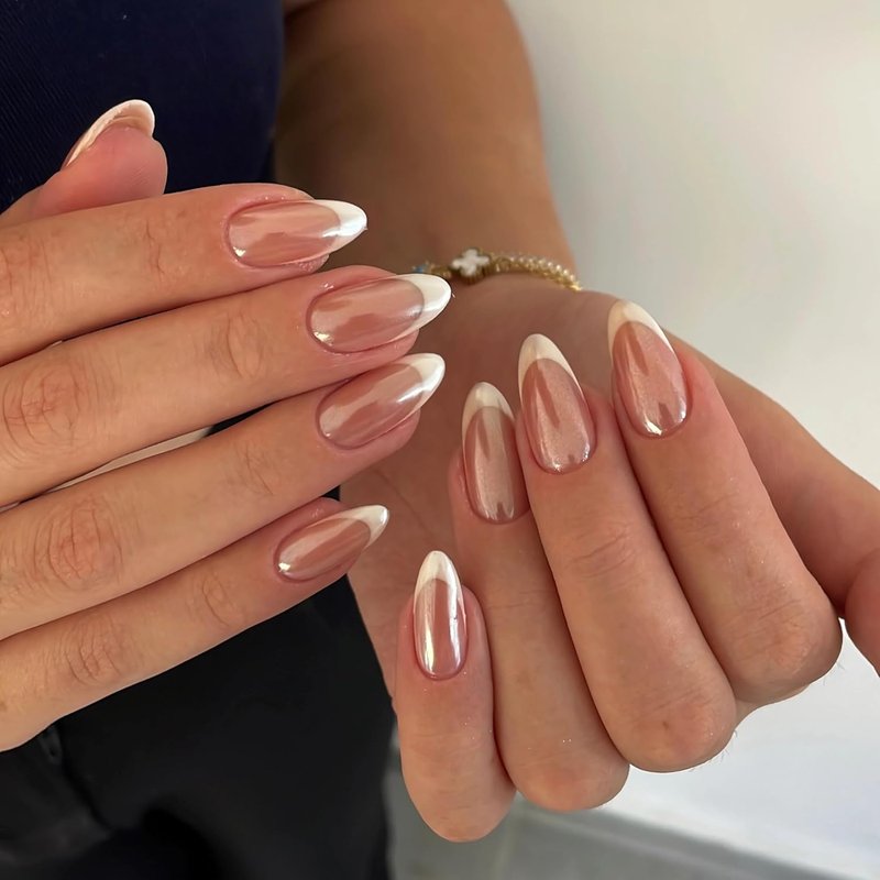 Qsnidy Press-On Nails - Medium Glazed Nude with White French Tips | Almond Chrome Acrylic, 30-Piece Kit in 15 Sizes