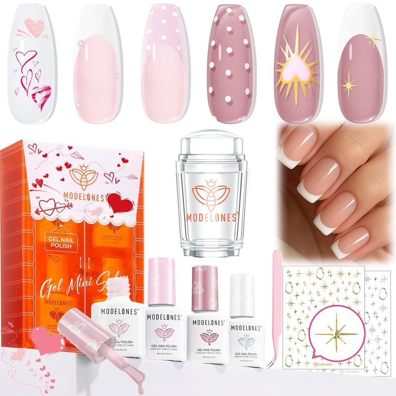 French Manicure Kit - Gel Nail Polish Set with French Tip Stamp & Stickers | 4 Colors: Nude, White, Pink, Sheer