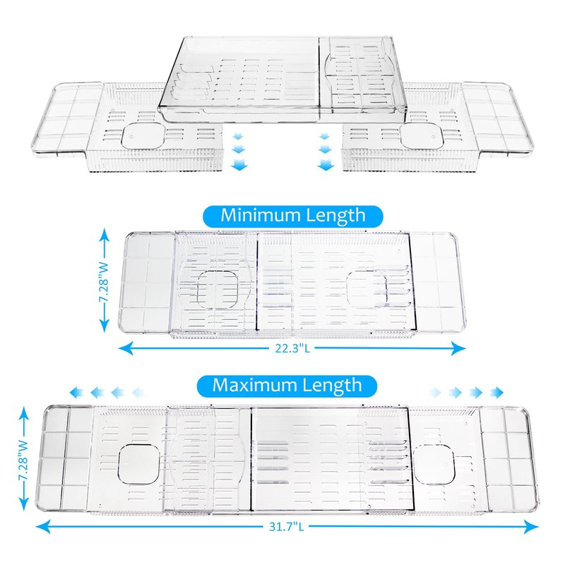 ASSTYSXH Expandable Bathtub Tray for Tub, Clear Acrylic Bath Caddy with Anti-Slip Design, Waterproof Bathroom Storage, Bath Organizer for Women, Fits Most Tubs up to 31.7" Ideal for Women and Adults