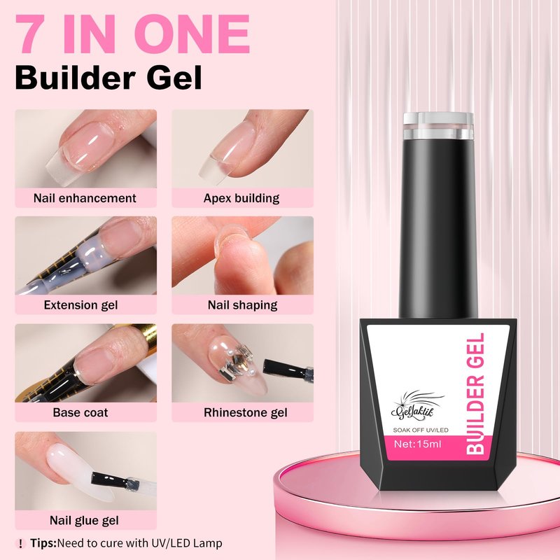 GELLAKTIK Builder Gel for Nails, 15ml 7 in 1 Builder Gel Nail Polish, LED Lamp Cured for Clear Rubber Base & Strengthener Extensions, Thickening, Repair, Salon-Quality DIY Manicure (Nude)