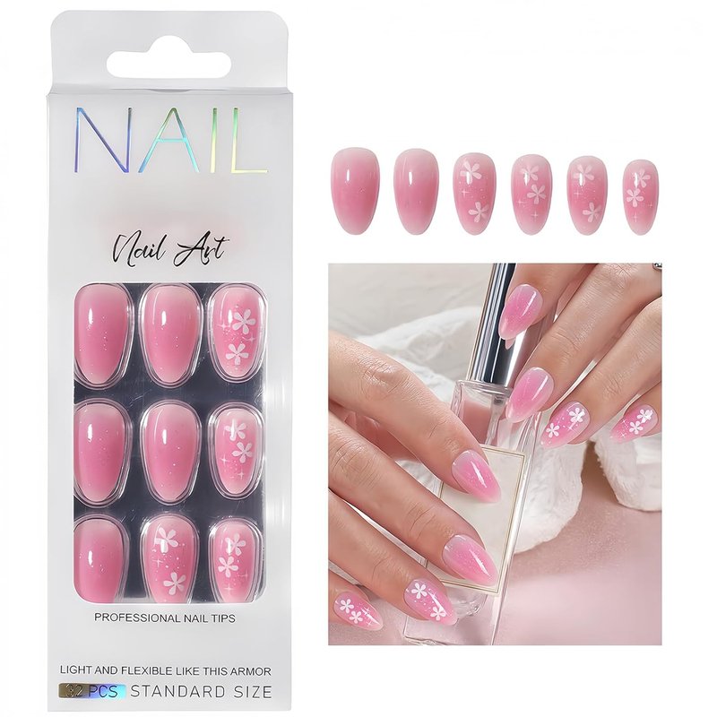 Pink Ombre Press-On Nails - Medium Almond 24 Pcs | Glossy Gradient Floral & Glitter Designs, Reusable Manicure Kit for Women & Girls
