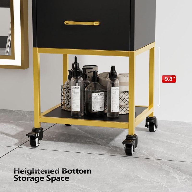 Beauty Salon Storage Trolley Cart - Wooden Hair Cabinet with Dryer Holder & Drawer | Black Hairdressing Organizer for Stylist