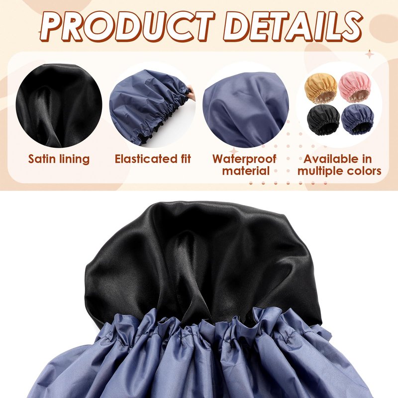 Janmercy 4 Pcs Shower Cap Satin Lined for Hair Protection Waterproof Reusable for Women Long Hair Bath Caps with Satin Interior