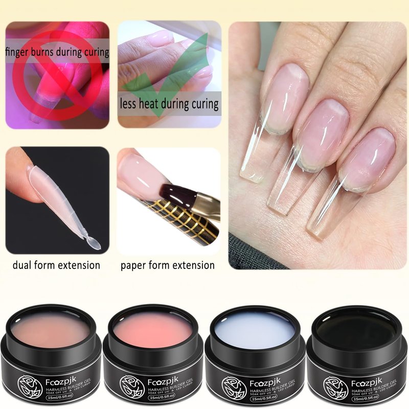 Fcozpjk Builder Gel for Nails, 4 Colors Thickening Builder Nail Gel Clear Milky White Nude Pink Nail Strengthener Gels Kit with Brush Pen Soak Off UV Polish Nail Extension Manicure Supplies