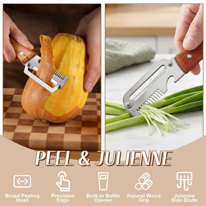 2026 Upgrade Vegetable Peeler With Wooden Handle, Stainless Steel Wide Blade Potato and Carrot Peeler, 3-in-1 Veggie Peeler With Scallion Shredder and Bottle Opener for Kitchen, Camping and Travel