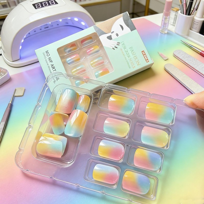 Gradient Colorful Press on Nails Short Square Fake Nails Sparkly Glitter False Nails with Candy Color Designs Glossy Stick on Nail Reusable Artificial Summer Nails for Women Manicure 24Pcs