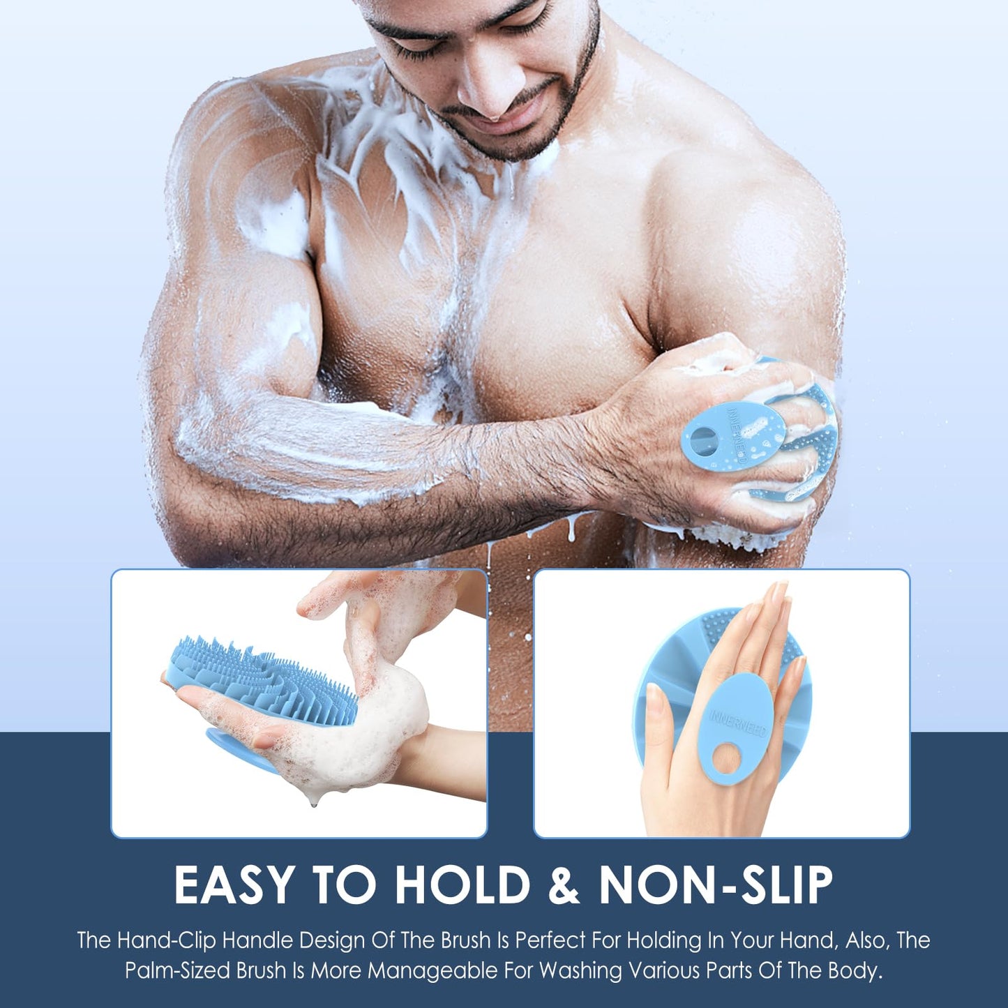 INNERNEED Food-Grade Silicone Body Scrubber Bath Shower Cleansing Brush, Gentle Exfoliating and Massaging, Nice Foaming, More Hygienic and Last Longer (Light Blue)