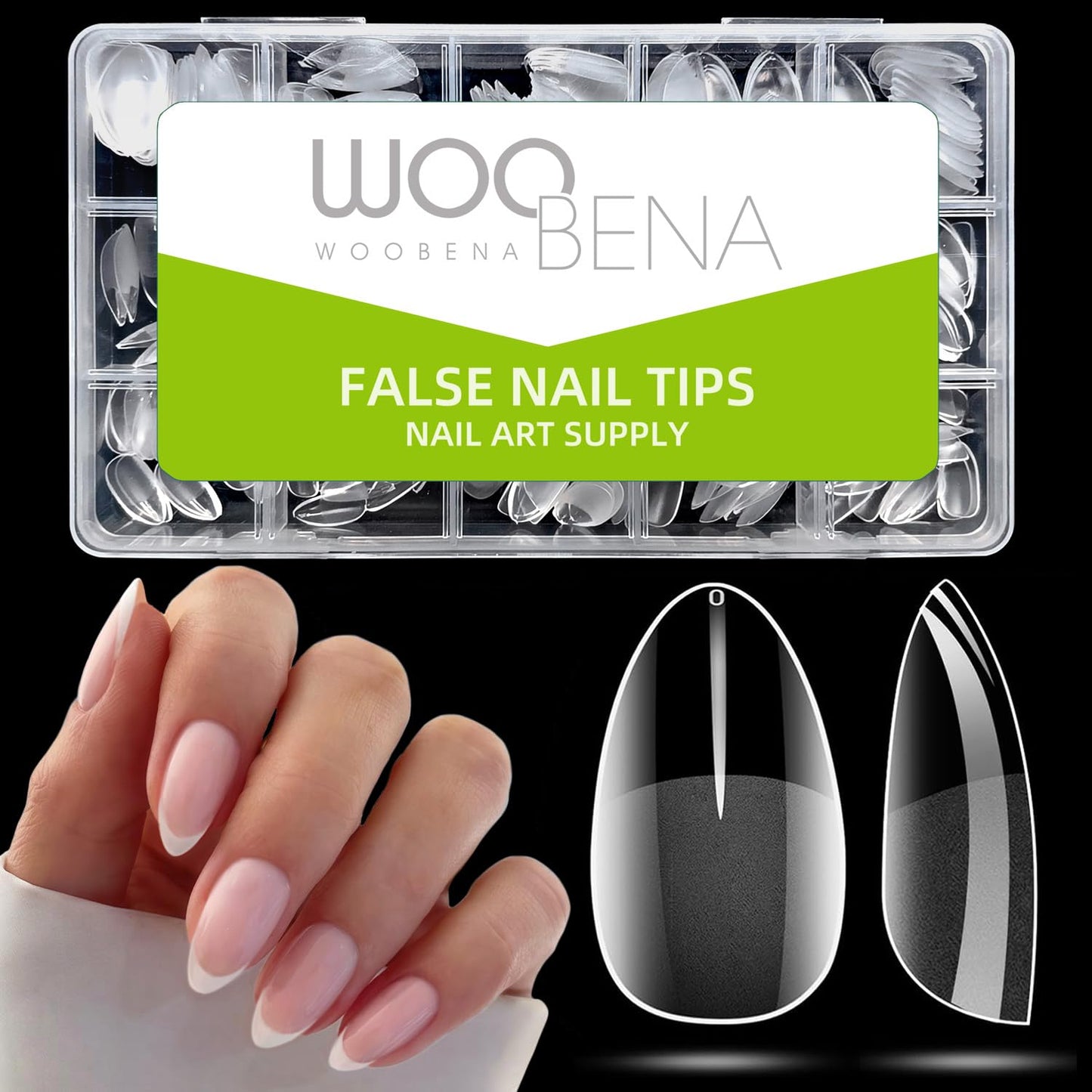 Woobena Short Almond Nail Tips, Short Gel Nail Tips 300Pcs 15Size Pre Etched Press On Nails Clear Acrylic Fake Nails Almond Shaped Full Cover Nails Extension Home Art DIY Salon