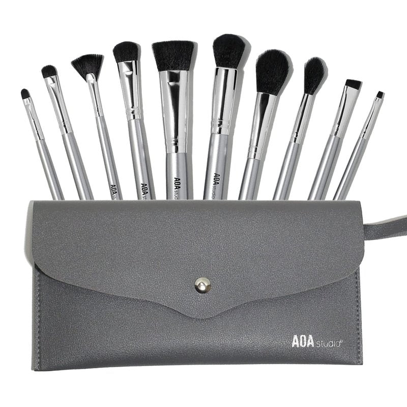 AOA Studio 10-Piece Silver Brush Set | Professional Foundation, Blending, Blush & Powder Brushes