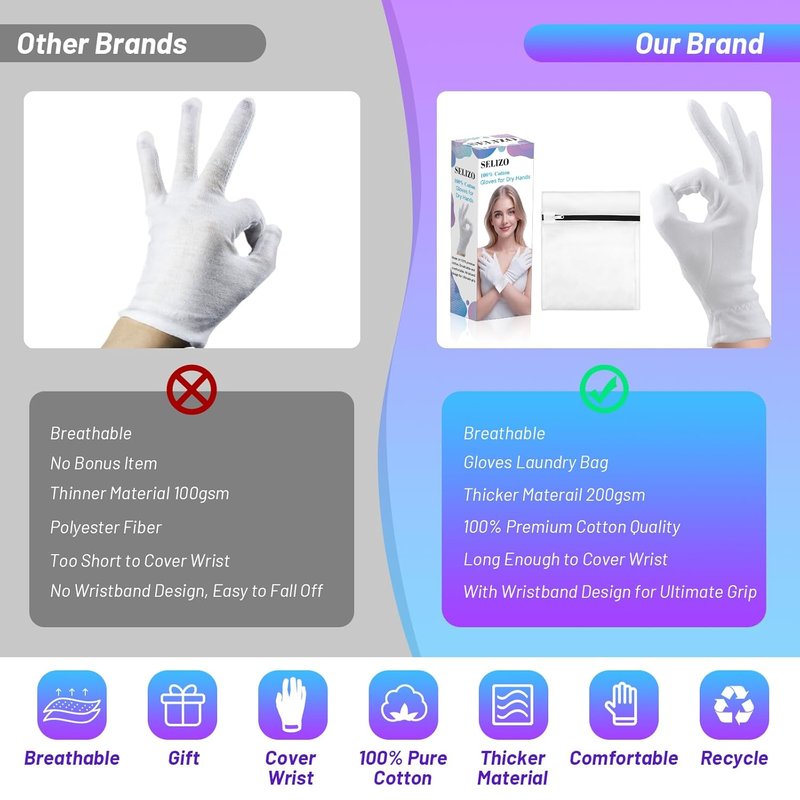 Moisturizing Gloves for Dry Hands - 100% Cotton Overnight Spa Treatment | 6 Pairs, White