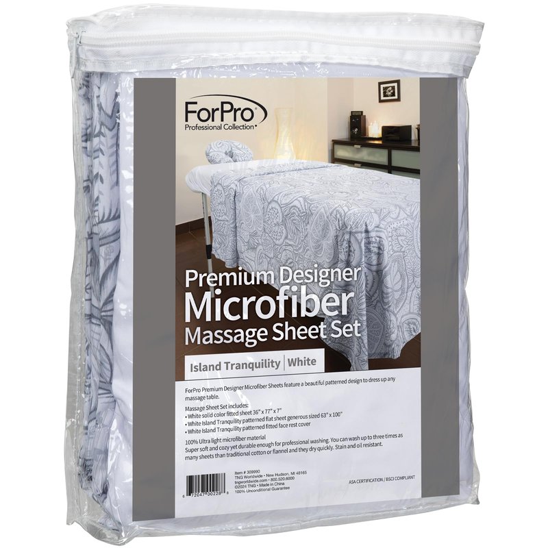 ForPro Premium Designer Microfiber 3-Piece Massage Sheet Set, Island Tranquility, Ultra-Light, Stain and Wrinkle-Resistant, Includes Massage Flat Sheet, Fitted Sheet and Face Rest Cover, White