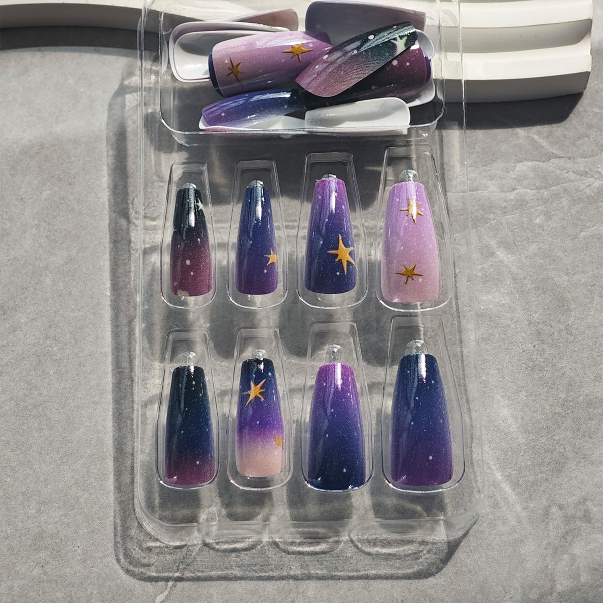 Skiennix Purple Black Ombre Coffin Press-On Nails - Medium Full Cover 24 Pcs for Stunning Manicures