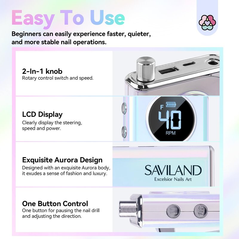 SAVILAND Advance Nail Drill for Acrylic Nails Professional: 40000RPM Nail Drill 6000mAhm High Capacity 2026 Rechargeable Electric Nail File 13 Drill Bits for Nails Manicure Pedicure E File Sky Realm