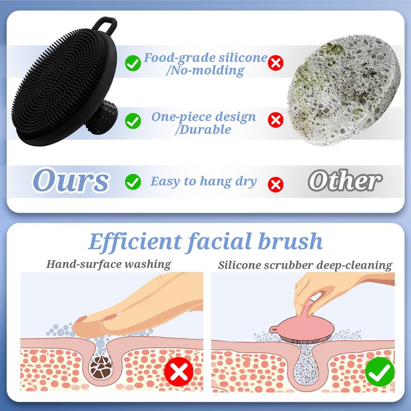 GEENOA Silicone Back & Body & Face Scrubber Set 3PCS, Gentle Exfoliating Back & Body Scrubber with Dual-Side Brush Head, Hygienic Silicone Loofahs with Soft Bristle and Non-Slip Handle(Black-3PC)