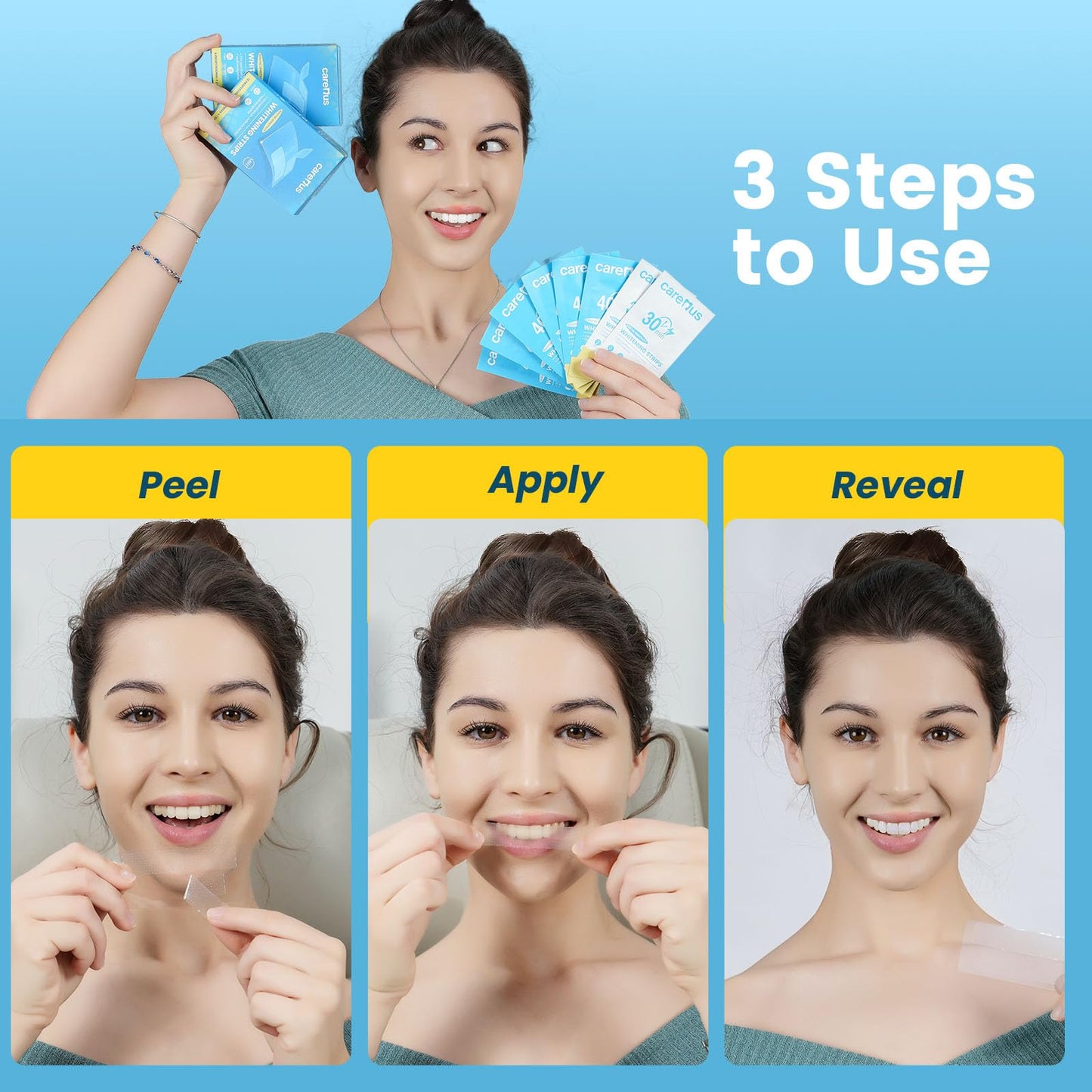 Carerus Teeth Whitening Strips, 8 Treatments, Hydroxyapatite Formula for Sensitive Teeth, Enamel-Safe & Residue-Free, Gentle Tooth Whitener, Mint, Last-Minute Hangouts (16 Strips)