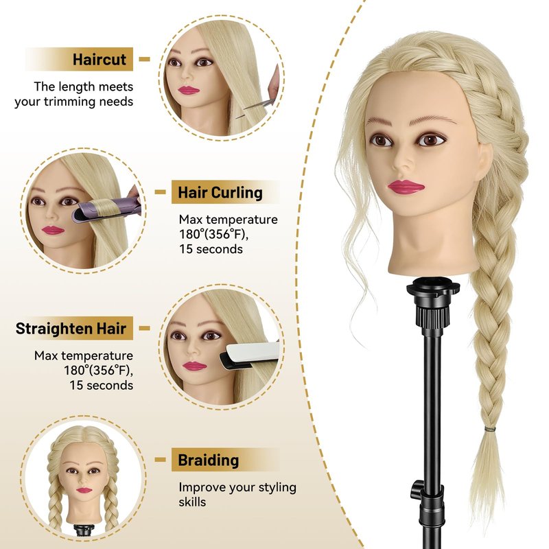 Mannequin Head with 90% Human Hair, 24" Hair Doll Head for Cosmetology & Hairdresser,Real Hair Manikin Doll Styling Head,Hairdressing Training Braiding Head with Table Clamp+Styling Set