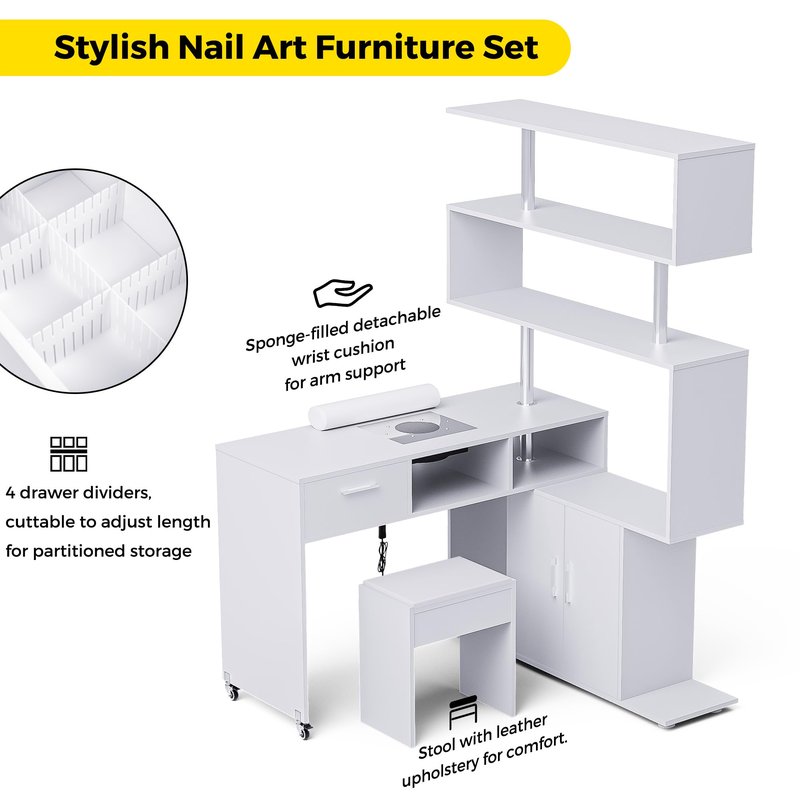 Kikihouse Manicure Table Nail Desk with Dust Collector, L-Shaped Nail Tech Desk with Stool, Two-Way Drawer, Cabinet & Storage Shelves, Rotating Reversible Manicure Workstation on Wheels (White)