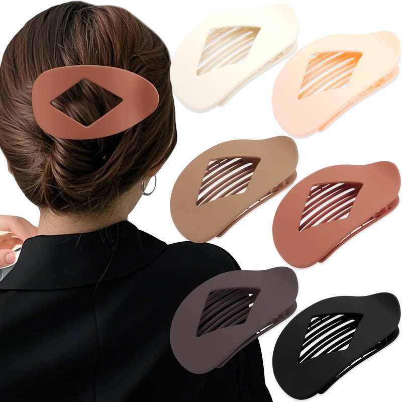 Atoden Large Flat Round Hair Clips Oval Claw Clips for Thick Medium Thin Hair 6Pcs Non Slip Strong Hold Barrettes Duckbill Accessories for Women Girls Matte Solid Neutral Color