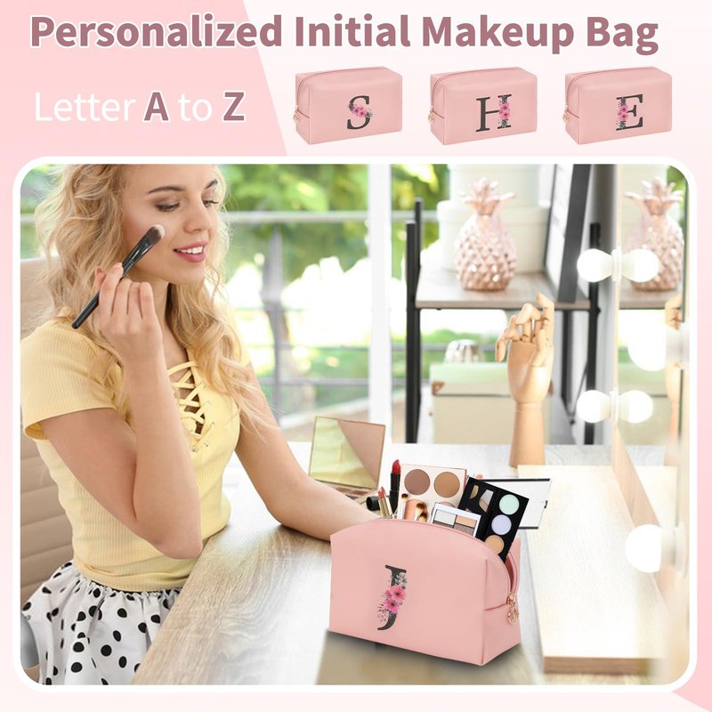 Initial Makeup Bag for Women, Travel Makeup Bag Small Cosmetic Bag, Birthday Gifts for Girls and Women, Teen Girls Gifts Trendy Stuff, Personalized Gifts for Grandkids Teacher Friends Bride Bridesmaid