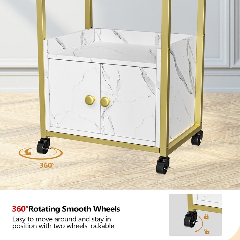 OmySalon Salon Trolley Cart with Wheels, Esthetician Cart with 1 Drawer & 2 Trays, Mobile Storage Organizer for Beauty Spa Massage Tattoo Esthetic Facial Tool Holder Station, White Marble