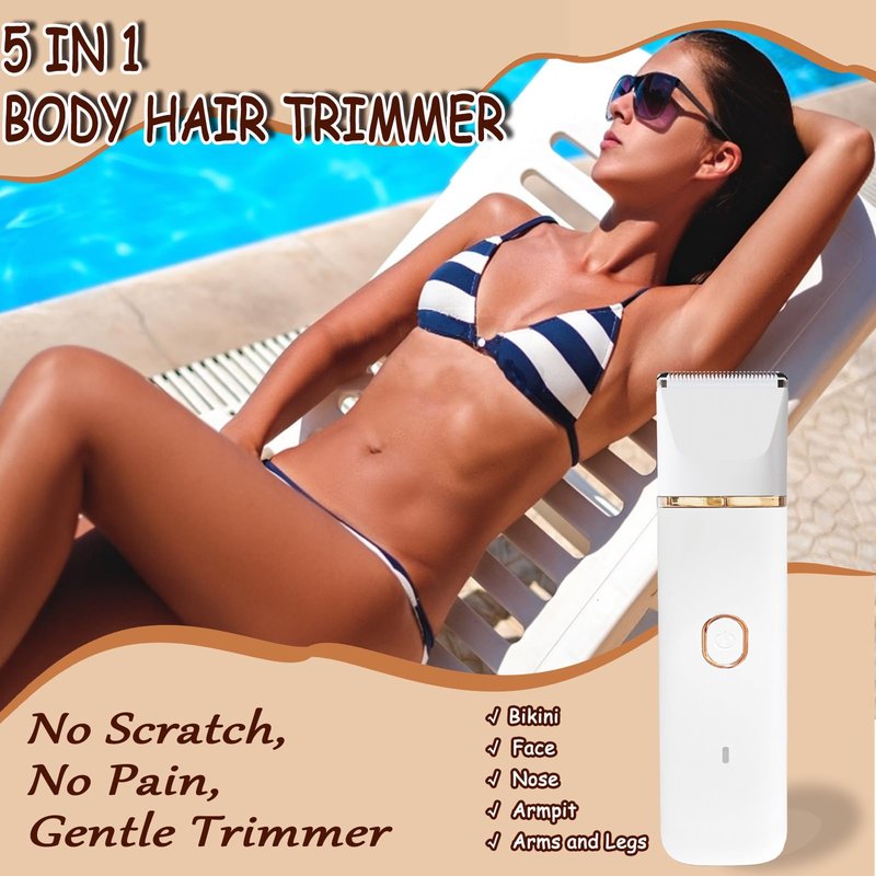 Bikini Trimmer for Women, 5-in-1 Electric Razors Shaver, IPX7 Waterproof Cordless Body Hair Trimmer, Rechargeable Facial & Pubic Hair Remover, Ceramic Blade Bikini Shaver, Gifts for Women (White)