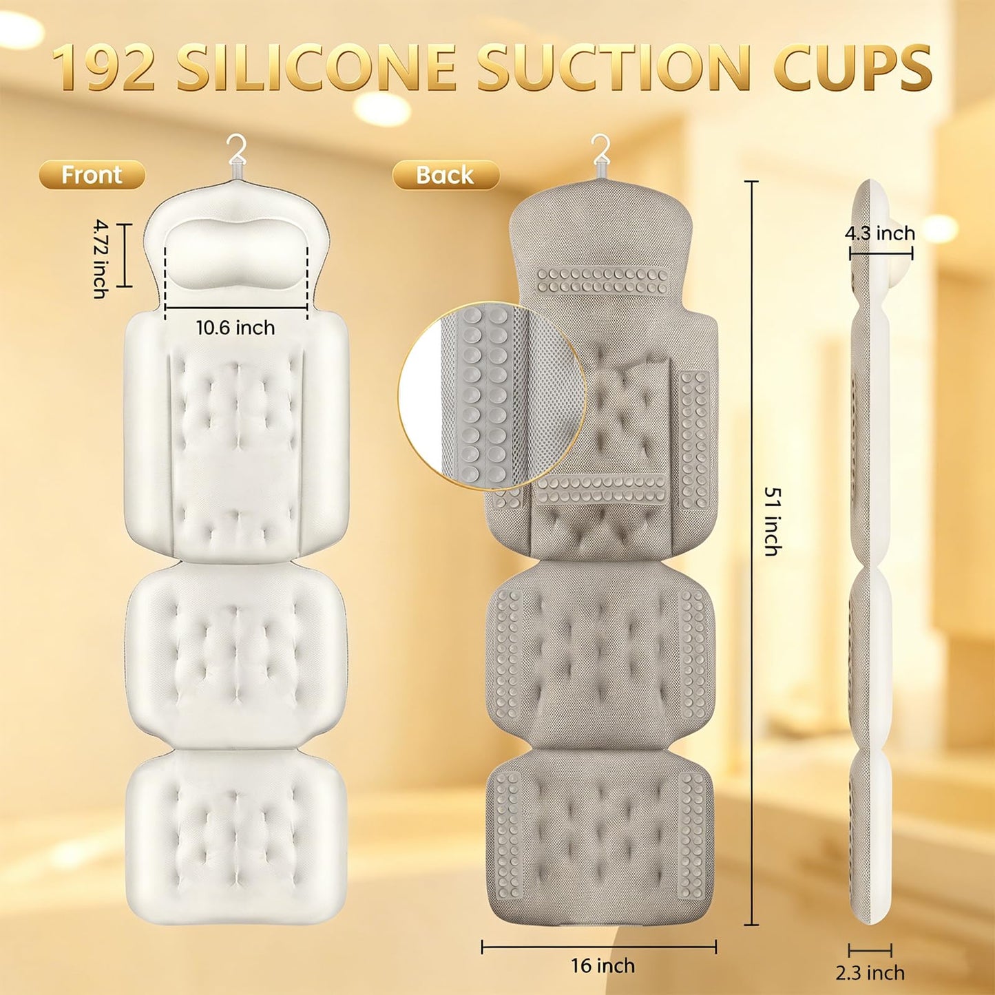 Full Body Bath Pillow, Luxury Bath Cushion with 192 Suction Cups, Bath Pillows for Tub for Head and Neck Support, with Laundry Bag White, 51" x 16"