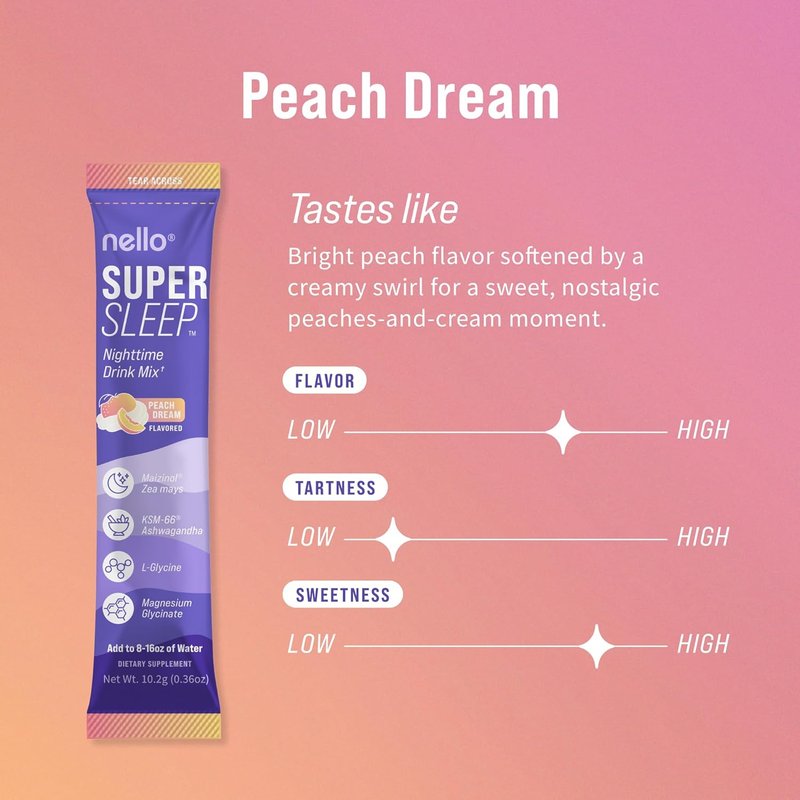 Nello Supersleep Nighttime Sleep Support Drink Mix - Ashwagandha & Magnesium Glycinate | Peach Dream (Pack of 20)
