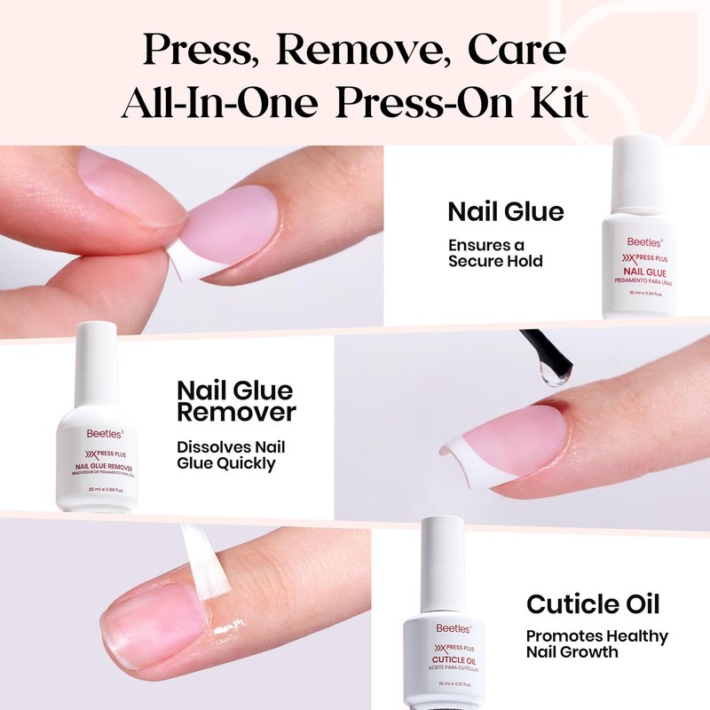 Beetles Press On Nails Kit-Short Square French Tip Press On Nails Kit with 150Pcs Pink French Nail Tips Nail Glue & Remover Builder Top Coat Nail Lamp,All-in-One DIY Fake Nails Gift for Women