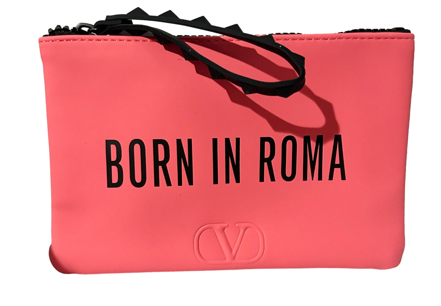 Valentino BORN IN ROMA Pink Coral Small Flat Makeup Cosmetic Gift Wristlet Pouch Approx 7L x 4.5 (4180)