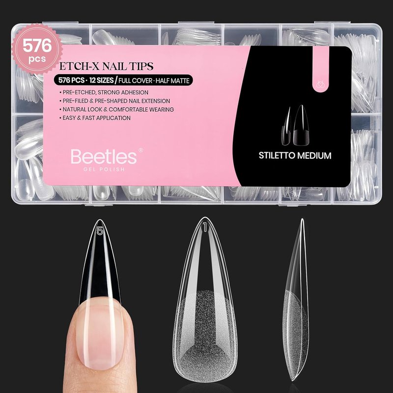 Beetles Gel Nail Tips - Stiletto Medium Pre-Etched Half Matte Full Cover | 576 Pcs in 12 Sizes for Easy DIY Press-On Extensions