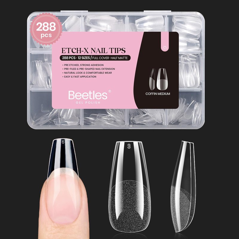 Beetles Gel Nail Tips 288 Pcs Medium Coffin Etch X Nail Tips 12 Sizes Half Matte Press On Nails Full Cover False Nails for Nail Extensions Friendly for Beginner Women