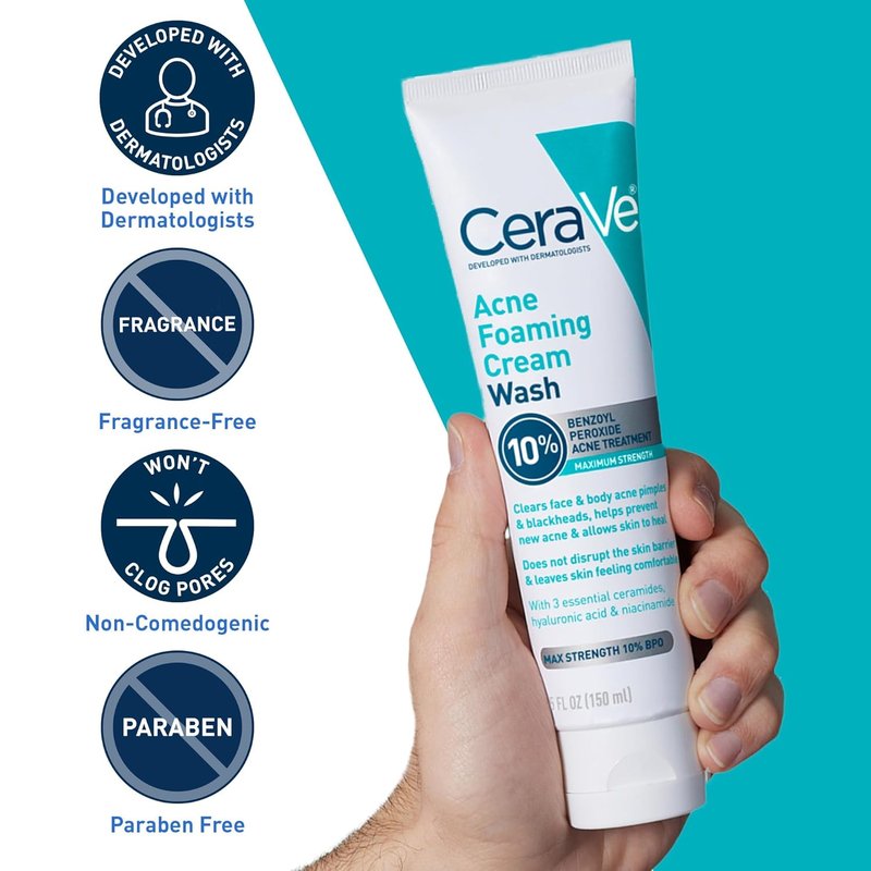 CeraVe Acne Foaming Cream Wash - Gentle Cleanser with 10% Benzoyl Peroxide & Hyaluronic Acid | 5 Oz