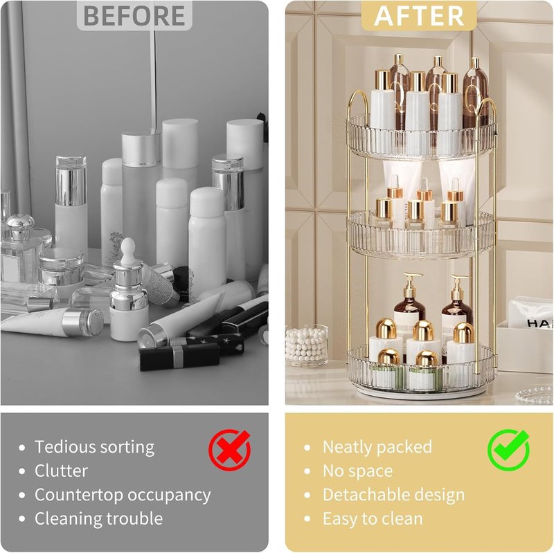 Skiennix 360° Rotating Makeup Organizer - 3-Tier Perfume & Skincare Storage - Space-Saving Clear Design