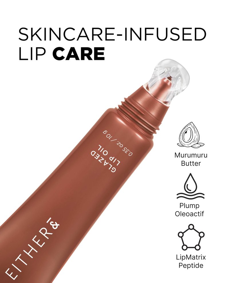 EITHER& Glazed Lip Oil - Glossy Tinted Lip Gloss, High Gloss Moisturizer with Peptides, Lightweight, Non-Sticky for Dry Lips, Lip Care 04 Hazel Muse (10g)