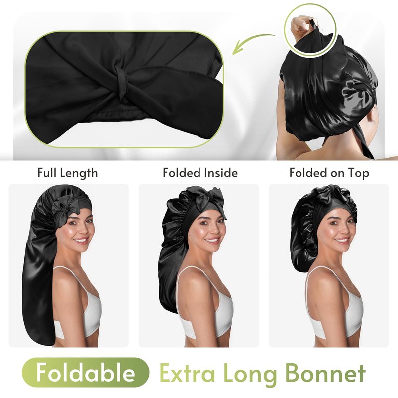 BONNET QUEEN Braid Bonnet Silk Bonnet Foldable Extra Long Wrap for Braids Satin Bonnets with Tie Band Long Sleep Cap, Black