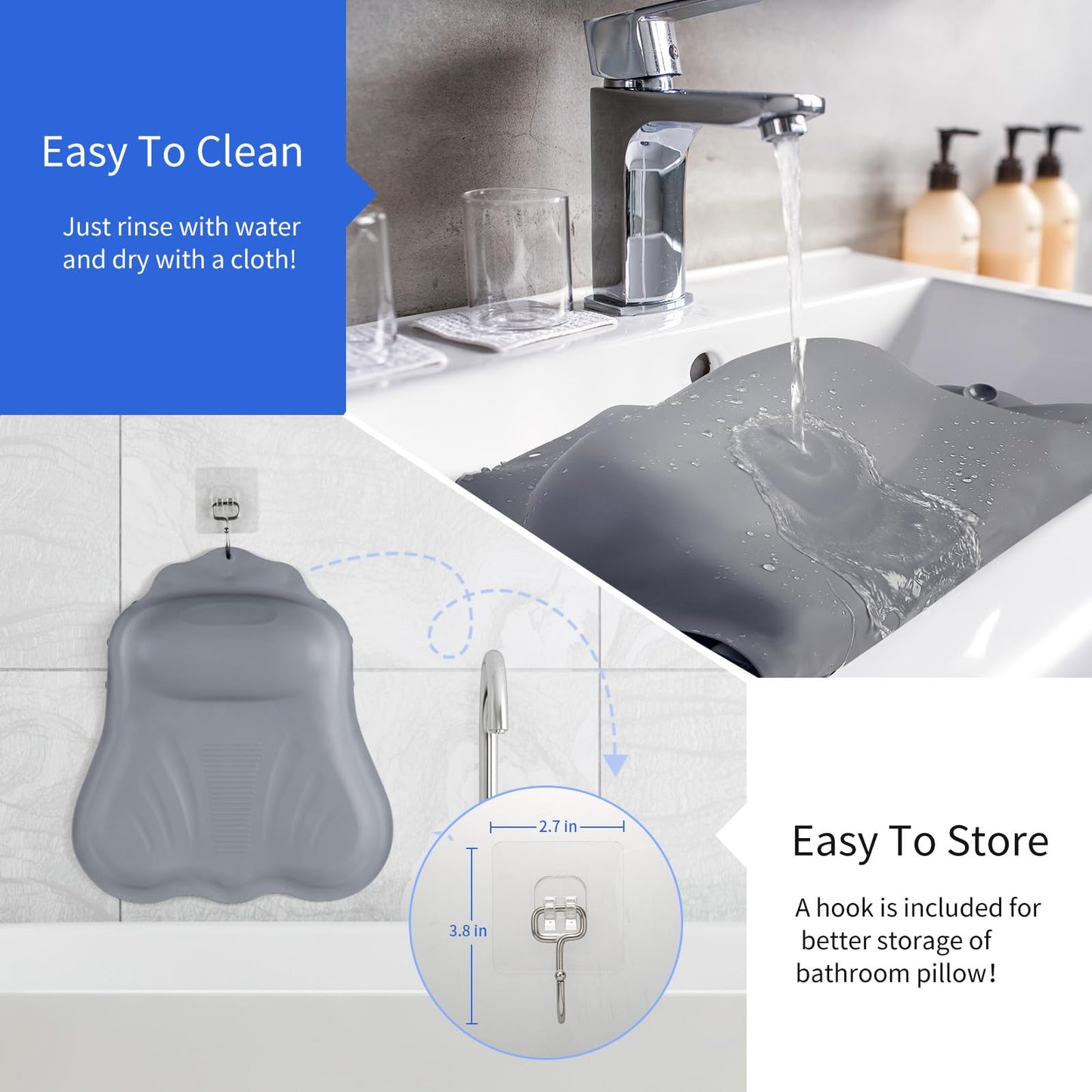 Goowin Bath Pillows for Tub, New Generation Skin-Friendly Silicone Bath Pillow, Luxury Bathtub Pillow for Head and Neck, Powerful Suction Tub Pillow for Bathtub with Inflatable Airbag (Grey)