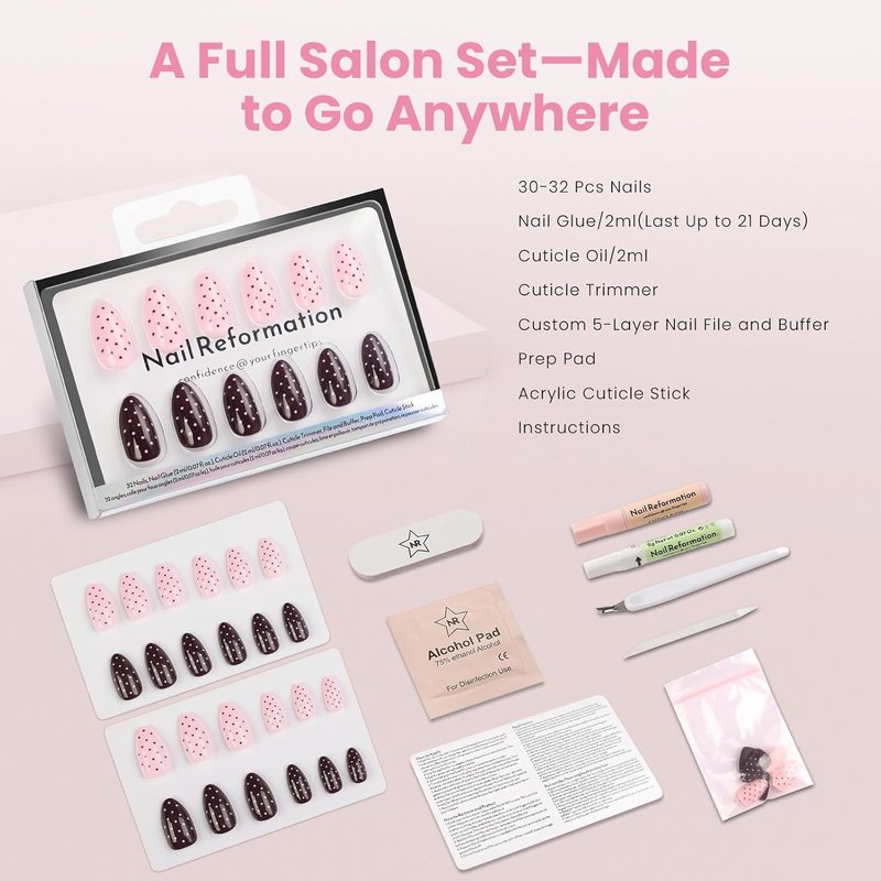 Nail Reformation Press On Nails - Double Dip Polka Dot Short Almond Fake Nails | Rich Brown & Creamy Pink, Glossy Finish, 16 Sizes - 32 Nail Kit for Women