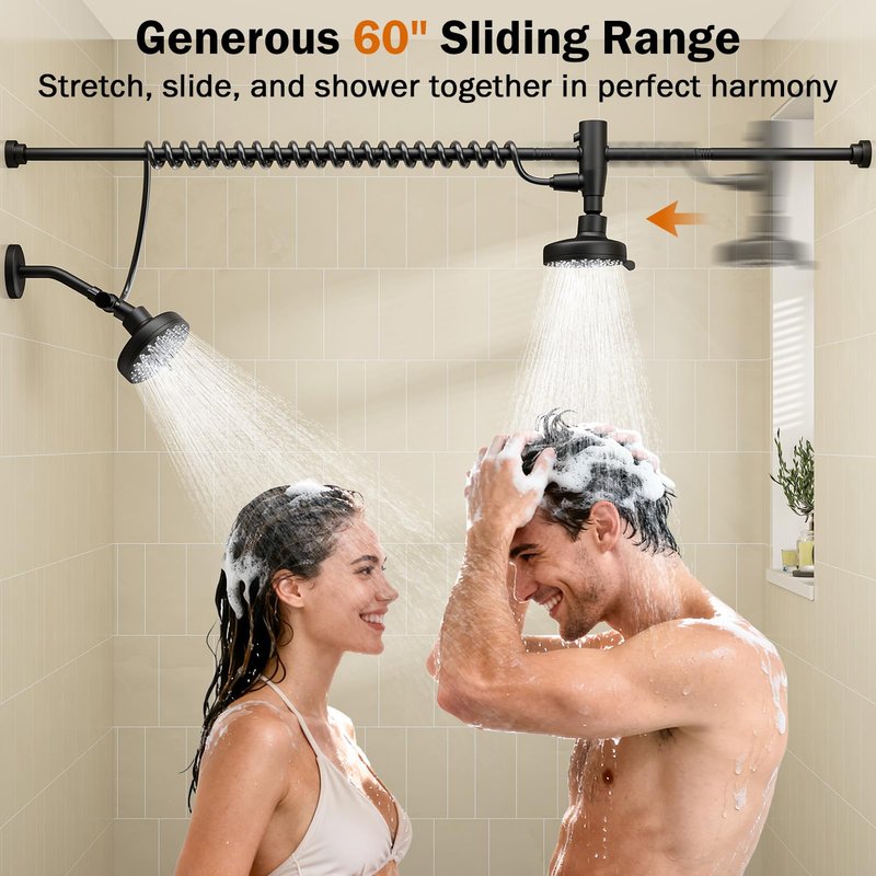 Dual Shower Head with Original Adjustable Slider, High Pressure Double Shower Head for Two People Rod, 2 Showerhead System for Couples, Renter-Friendly, SPA-Like, Gift for Women Men, Black