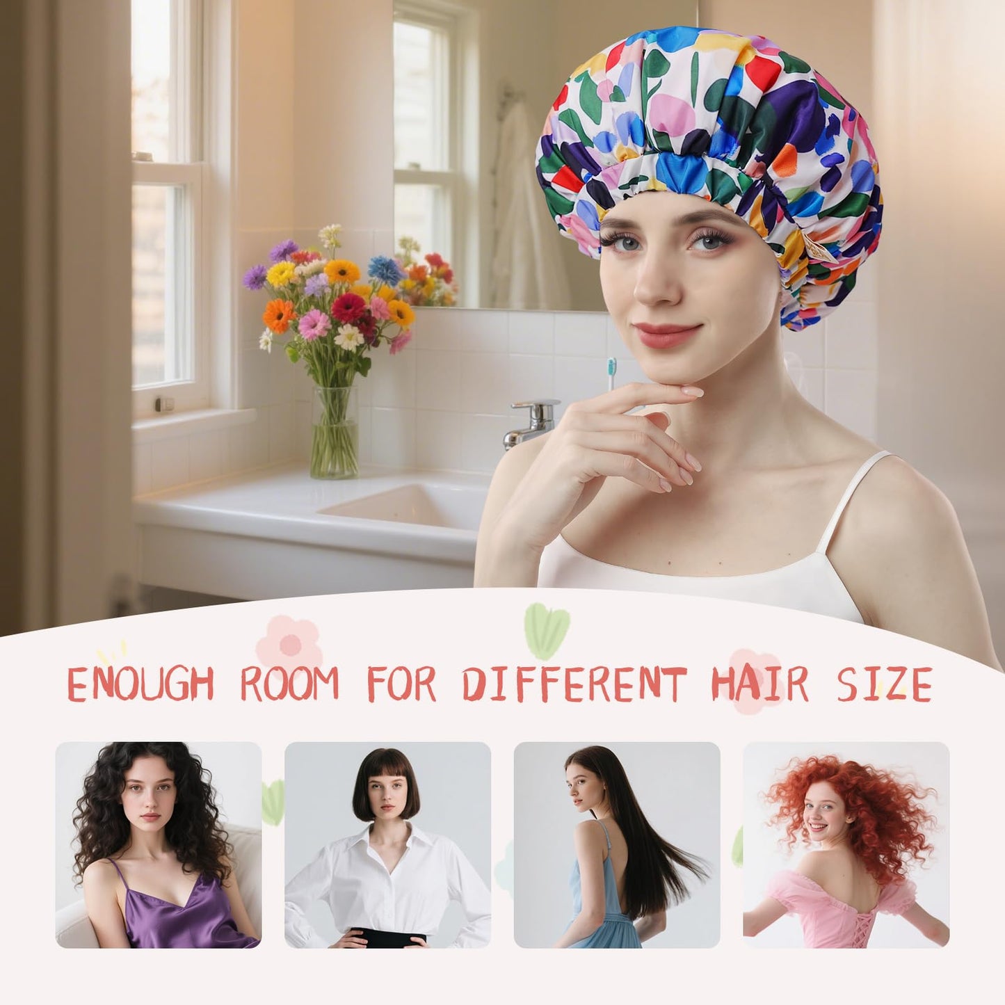 Years Calm Shower Caps for Women Reusable Waterproof, Double-Layer Extra Large Elastic Hair Cap for Shower for Long Hair & Braids, Travel & Home
