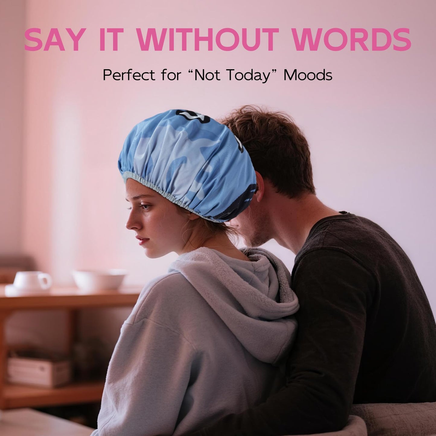 Years Calm Waterproof Shower Cap for Women - Double Sided Design for Long Thick Hair, Secure Fit & Flexible Elastic Band, Reusable Bath Cap for Shower, Spa, Travel (Mood Switch 2)