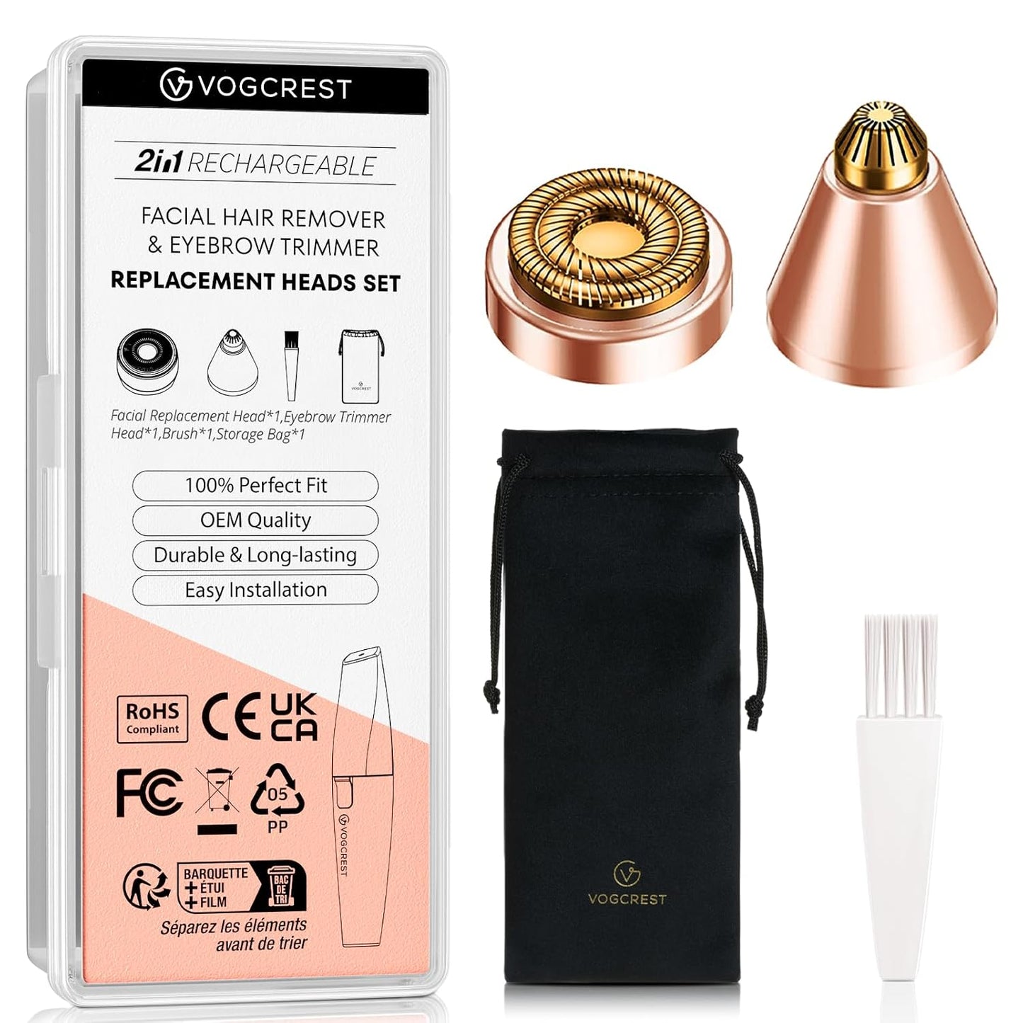 VOGCREST Replacement Heads for Facial Hair Removal - Painless Eyebrow Trimmer Razor Set for VG-102, VG-1023, VG-1024