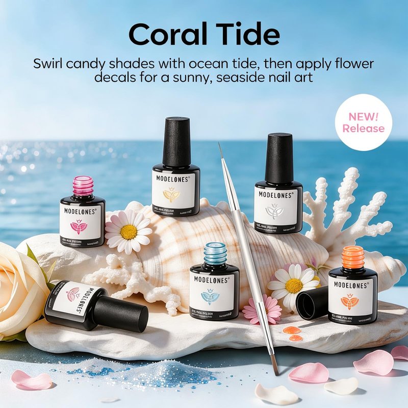 Modelones Gel Nail Polish Set, 6 Colors 2026 Summer Clear Blue Blooming Gel Polish Creamy White Pastel Yellow Pink Orange Nude Jelly Nail Polish W Flower Stickers & Liner Nail Brush LED DIY Gift
