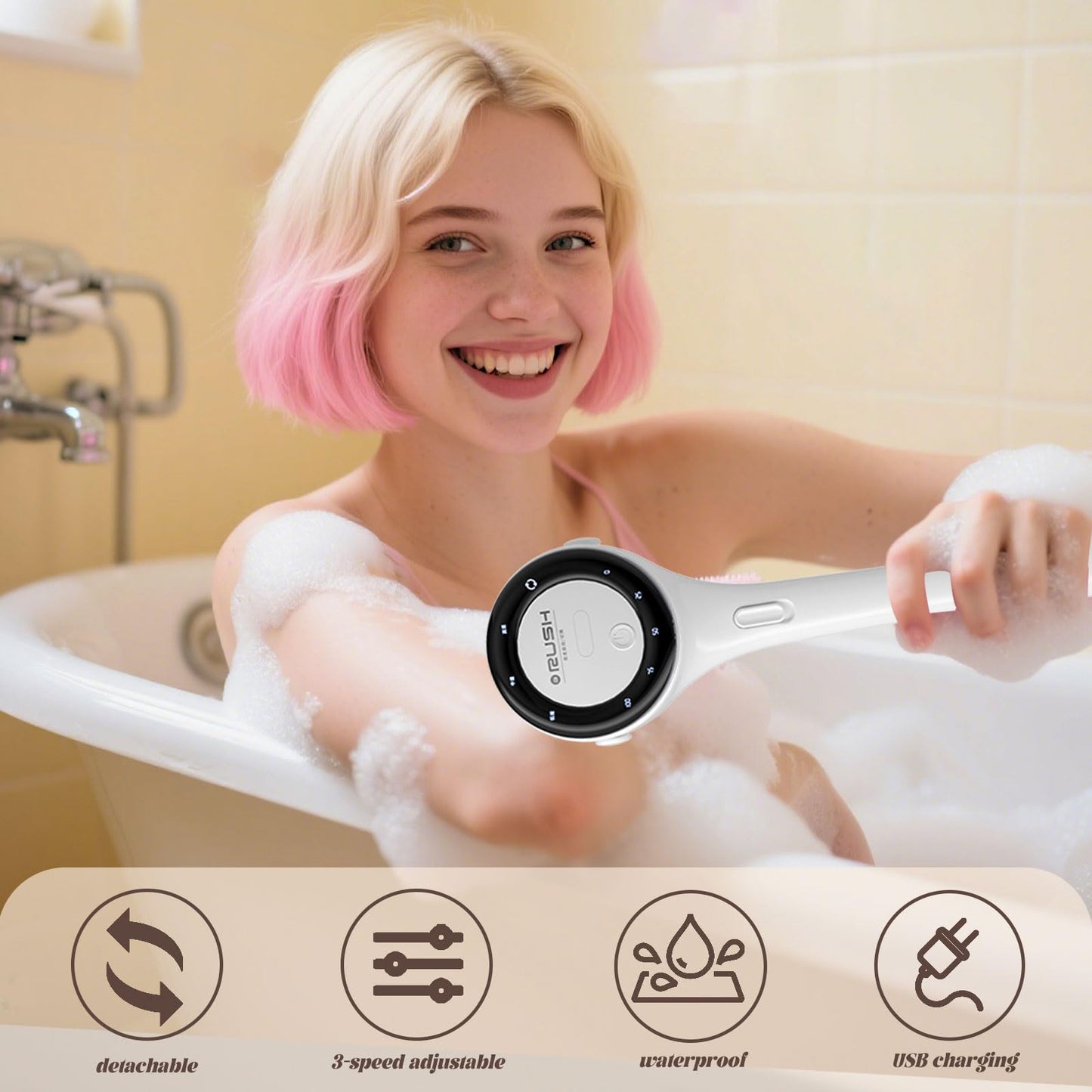 Electric Body Brush, 3 Speed Silicone Body Scrubber with LCD Display, 5in1 Back Scrubber for Shower, Waterproof Rotating Body Brushes, Rechargeable Bath Brush for Clean Exfoliate Massage (White)