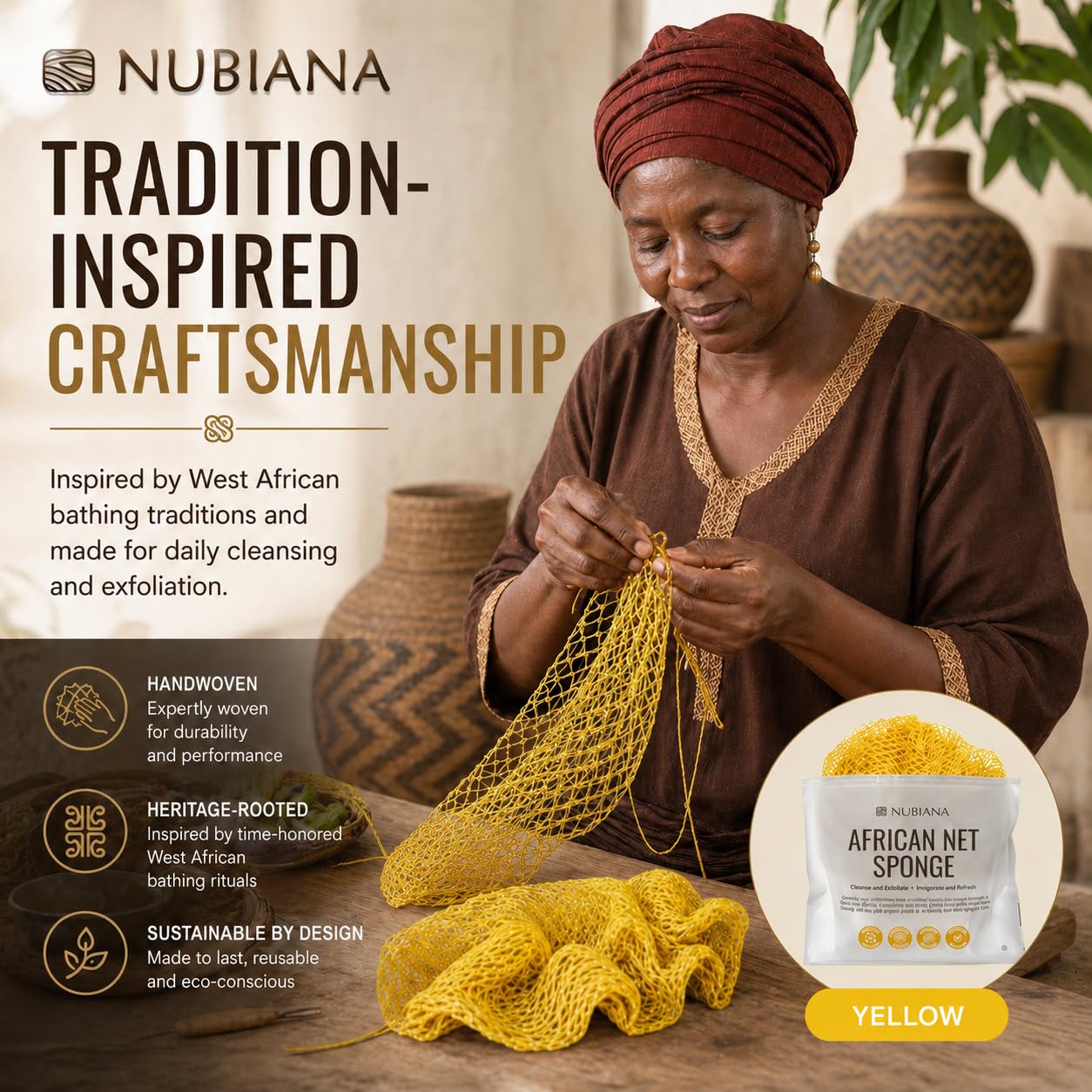 Nubiana African Net Sponge Authentic with Knots, 45 Inch Handwoven Nigerian Exfoliating Body Sponge with Handles, Quick-Drying Nylon Mesh Body Scrubber, Reusable Bath Sponge (Yellow)