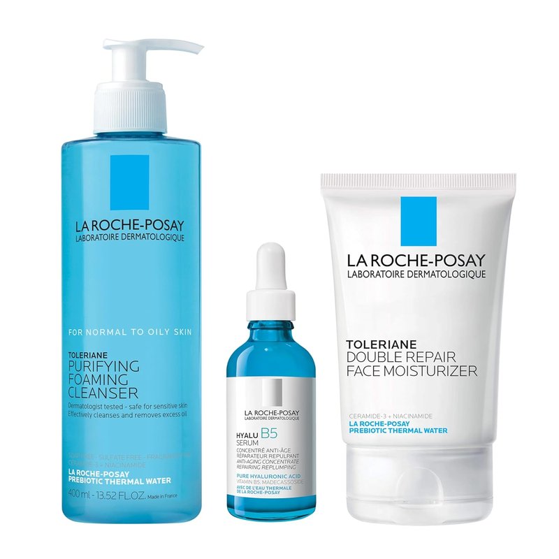 La Roche-Posay Toleriane Purifying Cleanser & Moisturizer Set | Hydrating Hyalu B5 Serum, 3-Piece Skincare Collection
