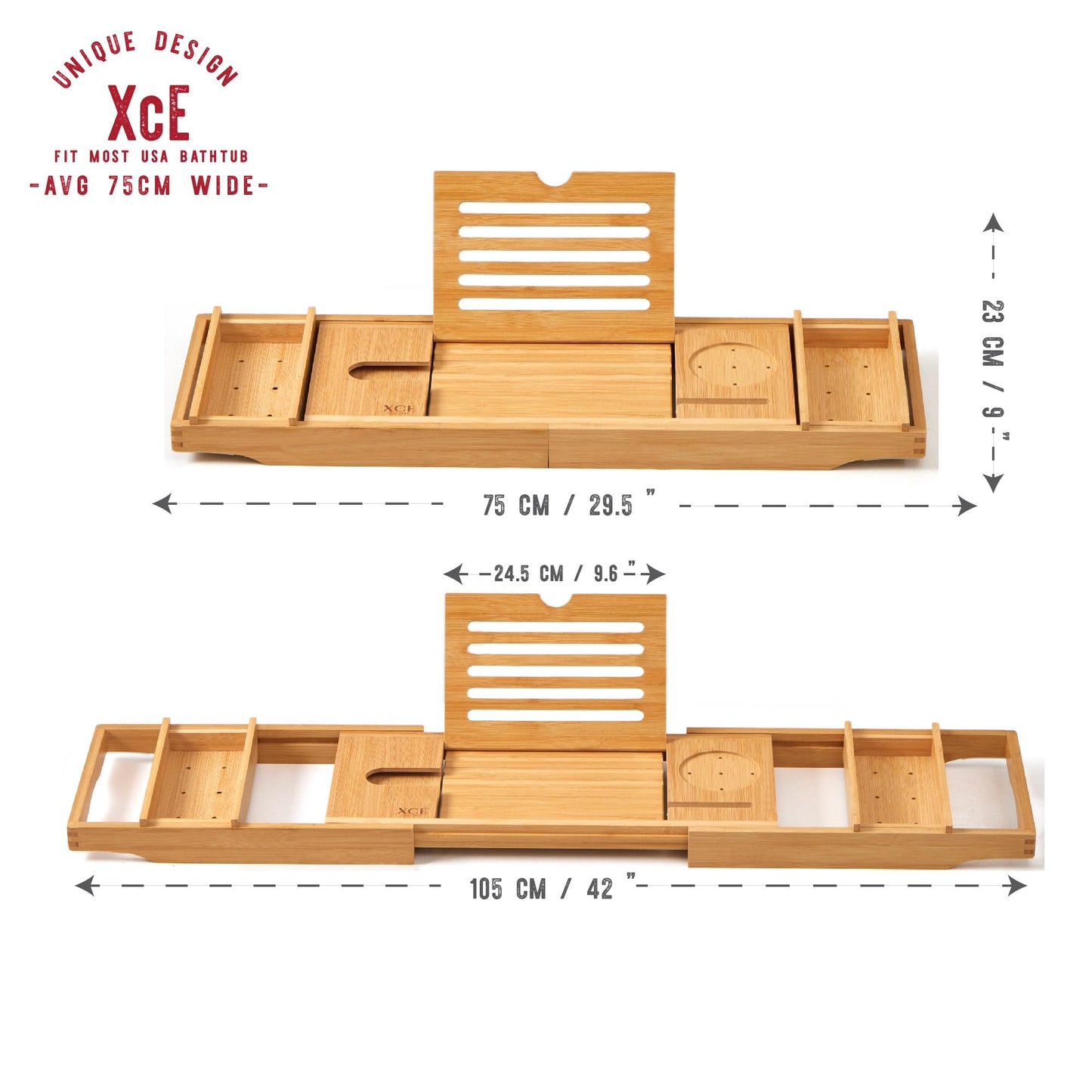XcE Bamboo Bathtub Caddy Tray - Expandable to 41 Inches with Book Stand, Soap Holder & Anti-Slip Pads for Luxury Bath Spa, Natural