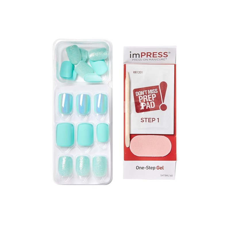 Kiss Impress No Glue Press-On Nails - 'Rain Check' Blue Squoval Design | Short Size, 30 Nails & Accessories