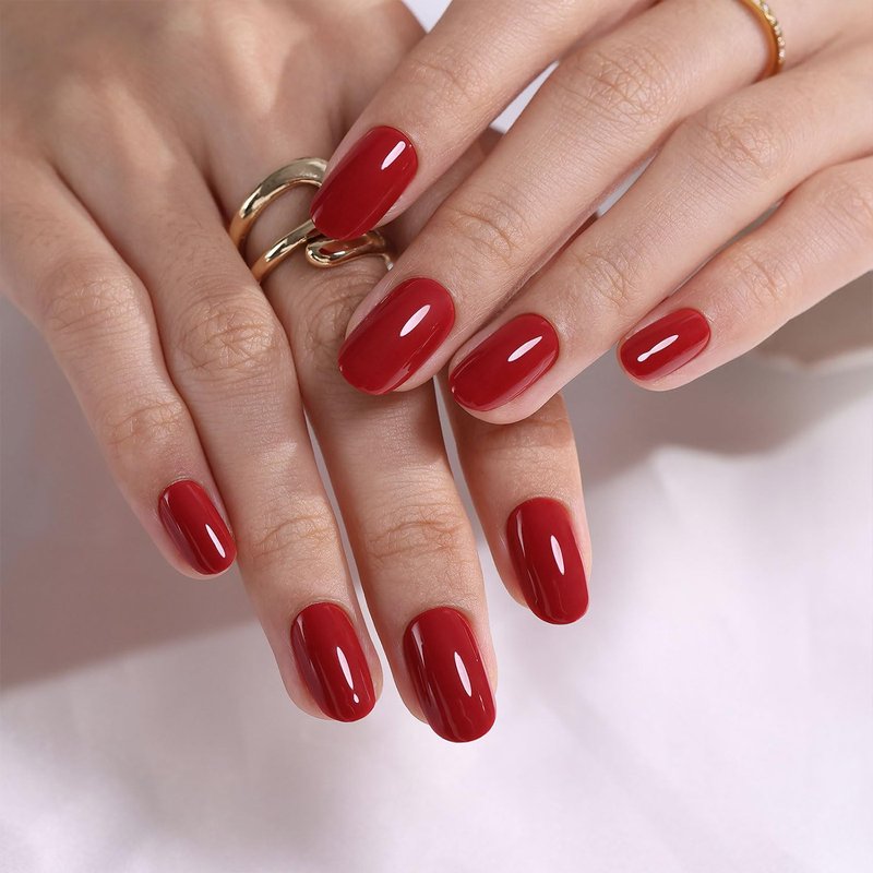 Red Press on Nails Medium Oval - GJZEZ Soft Gel Nail Press Ons Solid Glossy Full Cover Fake Nails Gifts for Women | 16 Sizes - 32 pcs Natural Long Lasting Reusable Faux Nail Kit with Glue, Cherry Red